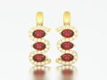 3D illustration gold red ruby earrings with hinged lock