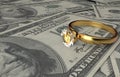 Gold ring with diamond on dollars background