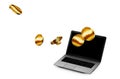 3D Illustration of Golden Bitcoin being inserted into coin acceptor on a laptop
