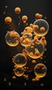 3D Illustration of Golden Bubbles in a Dark Background.