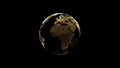 3D illustration of golden globe of the Earth planet from particulars on dark bac