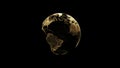 3D illustration of golden globe of the Earth planet from particulars on dark bac