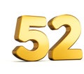 3d illustration of golden number fifty two or 52 isolated on white background with shadow.