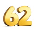 3d illustration of golden number sixty two or 62 isolated on white background with shadow.