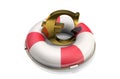 3d illustration: Golden symbol of the euro on a Lifebuoy, isolated on white background. Support for the European Union economy. Fi