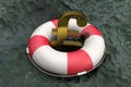 3d illustration: Golden symbol of the pound sterling on a Lifebuoy on the background of muddy water. Support for the UK economy. F Royalty Free Stock Photo