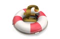 3d illustration: Golden symbol of the pound sterling on a Lifebuoy,  isolated on white background. Support for the UK economy. Fin Royalty Free Stock Photo