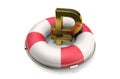 3d illustration: Golden symbol of the rouble on a Lifebuoy, isolated on white background. Support for the Russian economy. Financi