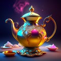 3D illustration of a golden teapot with a bowl of sweets on a dark background. generative AI