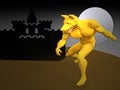 3D Illustration - A walking golden werewolf in front of a castle in the moonlight.