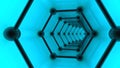 3D illustration of graphene meshes, tunnel of molecules on graphene, the image of a superconductor on a blue background. The idea Royalty Free Stock Photo