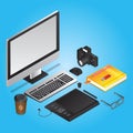 3D illustration of graphic designer tools like as computer with graphic tablet, book, camera, coffee cup and eye glasses on blue