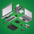 3D illustration of Graphic designing electronic objects like as computer with laptop, printer, graphic tablet, and camera on green