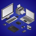 3D illustration of Graphic designing electronic objects like as computer with laptop, printer, graphic tablet, and camera on blue