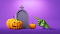 3d illustration, grave stone pumpkin jack lantern and scary green zombie hand shows direction with index finger, shows out of the Royalty Free Stock Photo