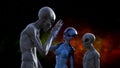 Illustration of a gray alien touching hands with a blue extraterrestrial in space while a third watches