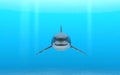 Illustration of a great white shark swimming through blue ocean water near a sandy seafloor