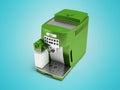 3d illustration of green automatic coffee machine with milk on blue background with shadow