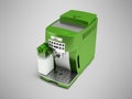 3d illustration of green automatic coffee machine with milk on gray background with shadow