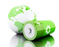 3d Green battery with recycling symbol and earth globe Royalty Free Stock Photo