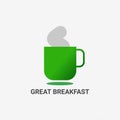 3D illustration Green coffee mug icon and Steam with best Great Breakfast text isolated on white background