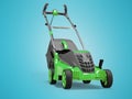 3d illustration of green professional electric lawnmower with grass catcher isolated on blue background with shadow