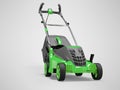 3d illustration of green professional electric lawnmower with grass catcher isolated on gray background with shadow