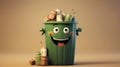 3d illustration of a green trash bin with a smiley face, pollutions and environment concepts