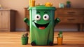 3d illustration of green trash bin with smiley face in the room, pollutions and environment concepts