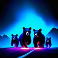 3D illustration of a group of bears on a road in the night generative AI