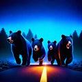 3D illustration of a group of bears walking on a road. AI Generated