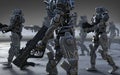 A group cyborgs mission with clipping path. Invasion of military robots warfare.