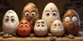 3D illustration of a group of eggs with different facial expressions.