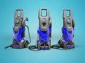 3D illustration of group of electric mini high- pressure washers for washing cars on blue background with shadow