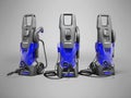 3D illustration of group of electric mini high- pressure washers for washing cars on gray background with shadow