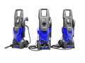 3D illustration of group of electric mini high- pressure washers for washing cars on white background no shadow