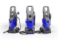 3D illustration of group of electric mini high- pressure washers for washing cars on white background with shadow