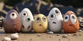 3d illustration of a group of funny eggs with different eyes on the beach