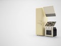 3d illustration of group of household appliances, refrigerator, gas stove, kitchen hood on gray background with shadow Royalty Free Stock Photo