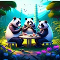 3D illustration of a group of panda bears having a picnic generative AI