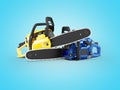 3D illustration of group of professional chainsaws on blue background with shadow