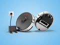 3d illustration of group of robot vacuum cleaners for dry and wet cleaning with charger on blue background with shadow