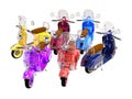 3D illustration of group of scooters in parking lot on white background no shadow