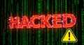 3d illustration hacked text red glitch effect yellow warning sign binary matrix code background cyber security crime data breach Royalty Free Stock Photo