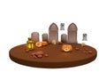 3d illustration of Halloween pumpkin lantern, tombstone and white ghost, Halloween background scene design element Royalty Free Stock Photo