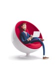 3d illustration. Handsome businessman Billy sitting in an egg chair with laptop. Royalty Free Stock Photo
