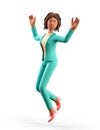 3D illustration of happy african american woman jumping celebrating success. Cartoon winning smiling elegant businesswoma