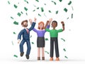 3d illustration of happy business team celebrates success standing under money rain banknotes cash falling on white background Royalty Free Stock Photo