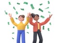 3D illustration of happy business team celebrates success standing under money rain banknotes cash falling on white background Royalty Free Stock Photo