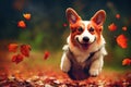 3d illustration of happy corgi jumping autumn forest running Generative AI illustration Royalty Free Stock Photo